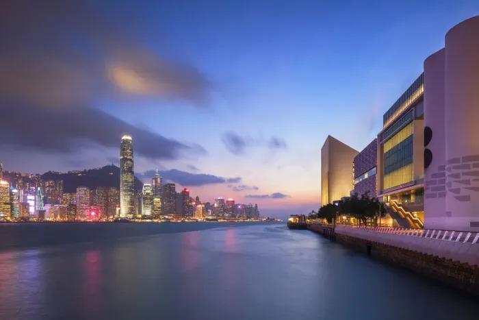 Framed Print : Hong Kong Island skyline and Museum of Art at sunset, Hong Kong Framed Print : Hong Kong Island skyline and Museum of Art at sunset, Hong Kong