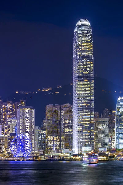 Hong Kong skyline, IFC Tower and skyscrapers on Hong Kong Island at night seen