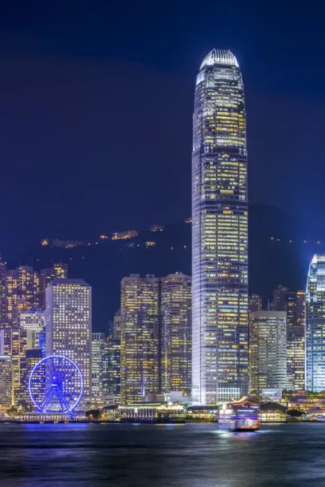 Framed Print : Hong Kong skyline, IFC Tower and skyscrapers on Hong Kong Island at night seen Framed Print : Hong Kong skyline, IFC Tower and skyscrapers on Hong Kong Island at night seen