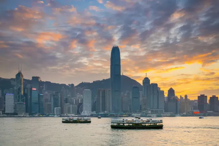 Framed Print : Hong Kong skyline, skyscrapers on Hong Kong Island skyline at sunset seen from Tsim Framed Print : Hong Kong skyline, skyscrapers on Hong Kong Island skyline at sunset seen from Tsim