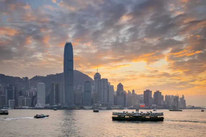 Framed Print : Hong Kong skyline, skyscrapers on Hong Kong Island skyline at sunset seen from Tsim Framed Print : Hong Kong skyline, skyscrapers on Hong Kong Island skyline at sunset seen from Tsim