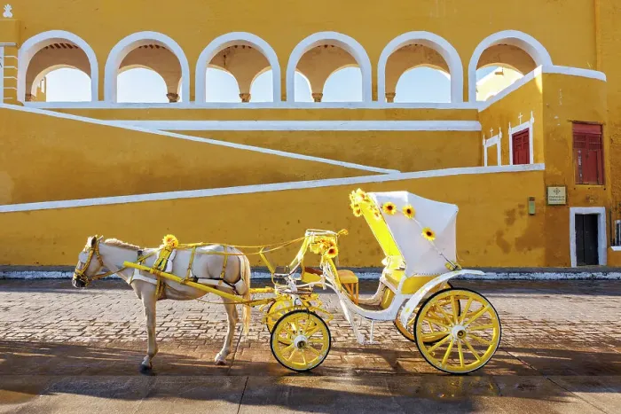 Framed Print : Horse and cart in front of Convent San Antonio de Padua, Izamal, Yucatan, Mexico