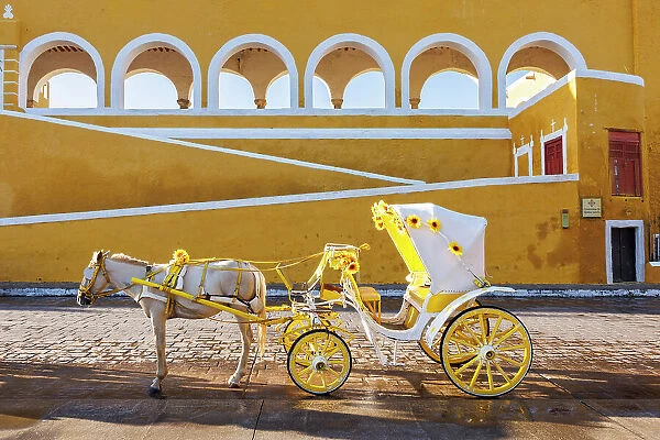 Horse and cart in front of Convent San Antonio de Padua, Izamal, Yucatan, Mexico