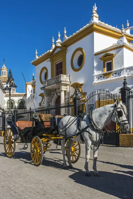 Framed Print : Horse drawn carriage in front of the Plaza de toros de la Real Maestranza de Caballeria Framed Print : Horse drawn carriage in front of the Plaza de toros de la Real Maestranza de Caballeria