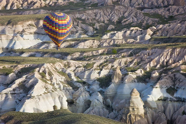 Hot Air Balloon flight over Volcanic tufa rock formations, Goreme, Cappadocia, Anatolia