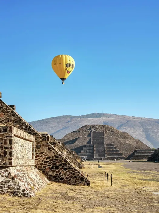 Framed Print : Hot air balloon flying over the Avenue of the Dead and Pyramid of the Moon, Teotihuacan, Mexico State, Mexico Framed Print : Hot air balloon flying over the Avenue of the Dead and Pyramid of the Moon, Teotihuacan, Mexico State, Mexico