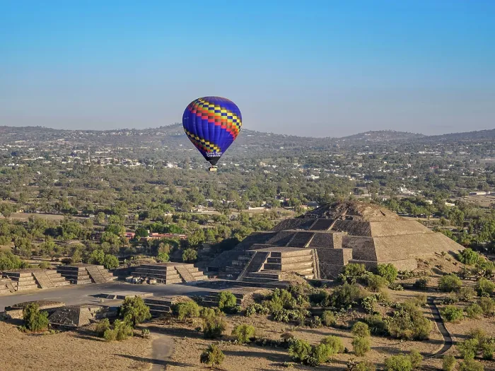 Framed Print : Hot air balloon flying over the Avenue of the Dead and the Pyramid of the Moon at sunrise, aerial view, Teotihuacan, Mexico State, Mexico Framed Print : Hot air balloon flying over the Avenue of the Dead and the Pyramid of the Moon at sunrise, aerial view, Teotihuacan, Mexico State, Mexico
