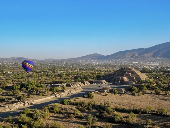 Framed Print : Hot air balloon flying over the Avenue of the Dead and the Pyramid of the Moon at sunrise, aerial view, Teotihuacan, Mexico State, Mexico Framed Print : Hot air balloon flying over the Avenue of the Dead and the Pyramid of the Moon at sunrise, aerial view, Teotihuacan, Mexico State, Mexico