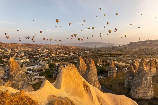 Hot air balloons flying in the sky of Goreme. Capadocia, Kaisery district, Anatolia