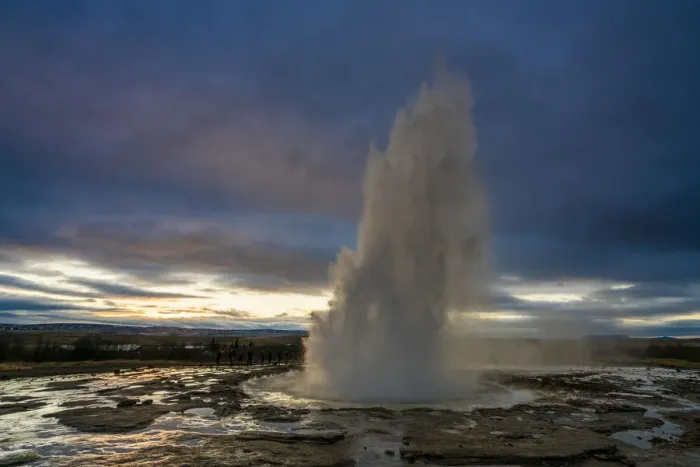 Framed Print : Hot spring splashing at Strokkur against cloudy sky during sunset, Geysir, South Iceland Framed Print : Hot spring splashing at Strokkur against cloudy sky during sunset, Geysir, South Iceland