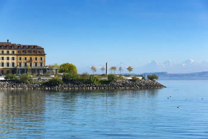 Framed Print : Hotel Beau Rivage with Esplanade du Montblanc, Neuchatel, Switzerland Framed Print : Hotel Beau Rivage with Esplanade du Montblanc, Neuchatel, Switzerland