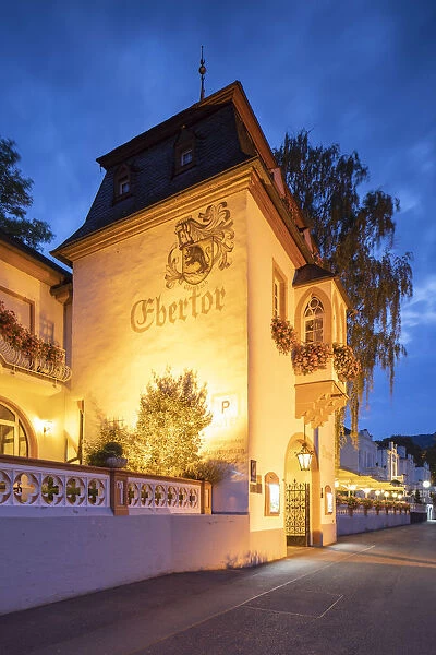 Hotel Ebertor at dusk, Boppard, Rhineland-Palatinate, Germany