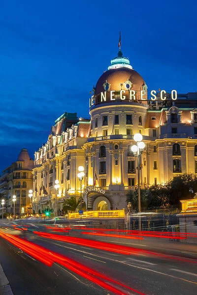 The Hotel Negresco at Dusk, Promenade des Anglais, Baie des Anges, Nice, South of France