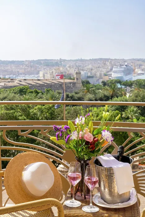 Framed Print : Hotel Phoenicia, Harbor View with Glass of Champagne, Valletta, Malta