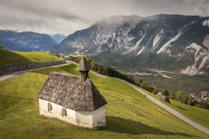 Framed Print : House chapel in Haimingerberg with a view of the Inn Valley, Tyrol, Austria Framed Print : House chapel in Haimingerberg with a view of the Inn Valley, Tyrol, Austria