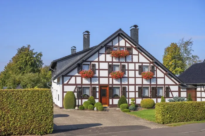 Framed Print : House with typical Venn hedge at Hofen, Monschau, Eifel, North Rhine Westphalia, Germany