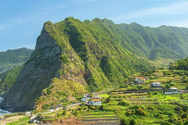 Houses of Boaventura village near cliff, Sao Vicente, Madeira, Portugal