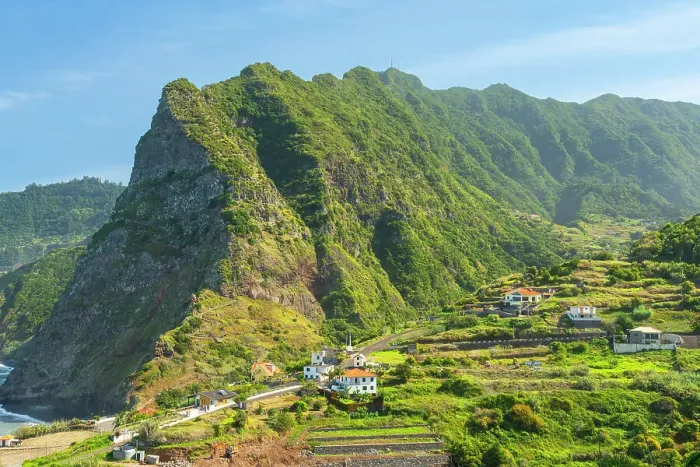 Framed Print : Houses of Boaventura village near cliff, Sao Vicente, Madeira, Portugal