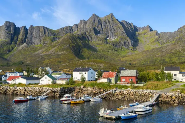 Framed Print : Houses and moored boats on Senja Island, Troms, Norway Framed Print : Houses and moored boats on Senja Island, Troms, Norway