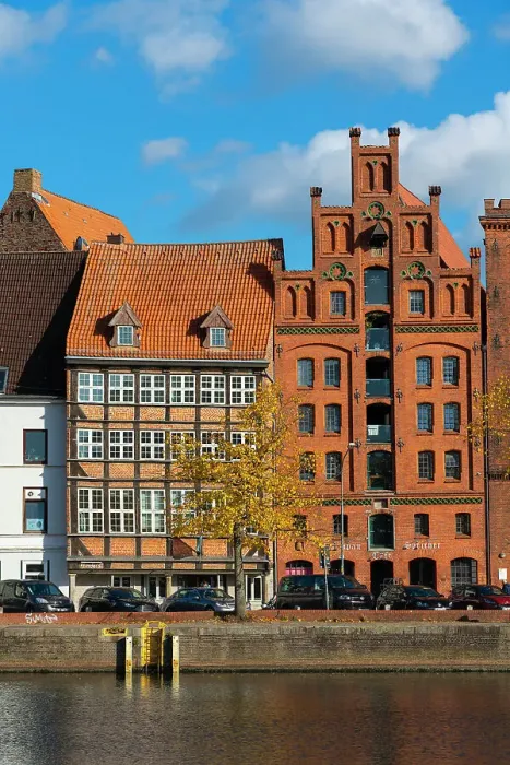 Framed Print : Houses on riverfront of Trave river, Lubeck, UNESCO, Schleswig-Holstein, Germany