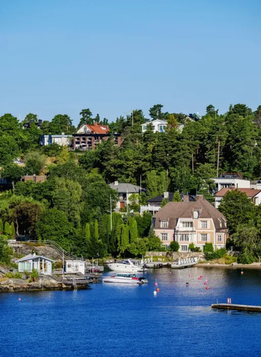 Framed Print : Houses on the shore of the waterway from Stockholm to the Baltic Sea, Stockholm County, Sweden