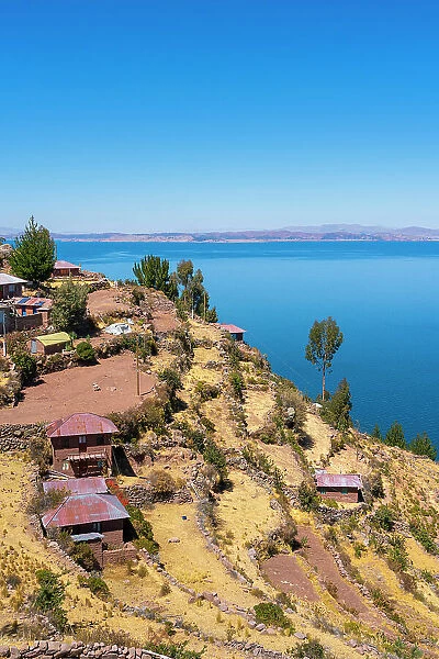 Houses on terraced fields on Taquile Island, Lake Titicaca, Puno Province, Puno Region, Peru