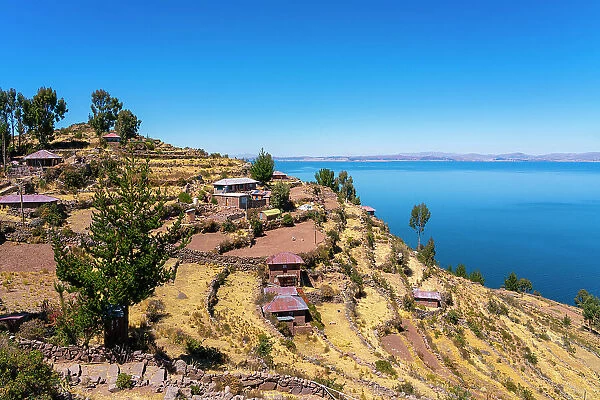 Houses on terraced fields on Taquile Island, Lake Titicaca, Puno Province, Puno Region, Peru