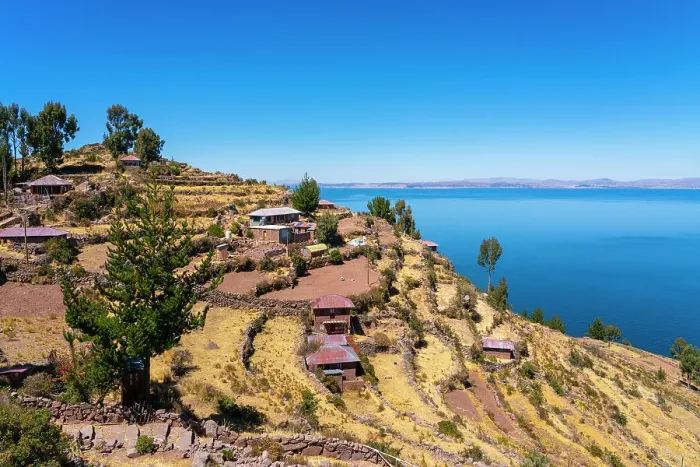 Framed Print : Houses on terraced fields on Taquile Island, Lake Titicaca, Puno Province, Puno Region, Peru Framed Print : Houses on terraced fields on Taquile Island, Lake Titicaca, Puno Province, Puno Region, Peru