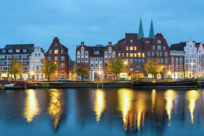 Framed Print : Houses with traditional gables along Trave river at twilight, Lubeck, UNESCO, Schleswig-Holstein, Germany