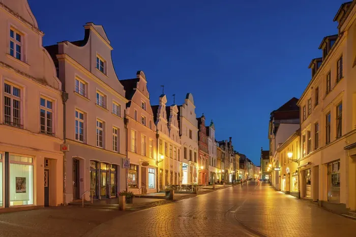 Framed Print : Houses with traditional gables at twilight, Kr√§merstrasse, Wismar, UNESCO, Nordwestmecklenburg, Mecklenburg-Western Pomerania, Germany
