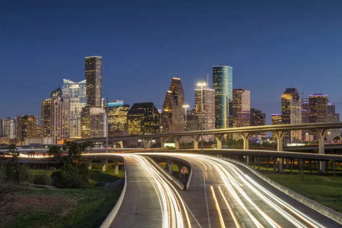 Framed Print : Houston Skyline & Freeway at Night, Houston, Texas, USA Framed Print : Houston Skyline & Freeway at Night, Houston, Texas, USA