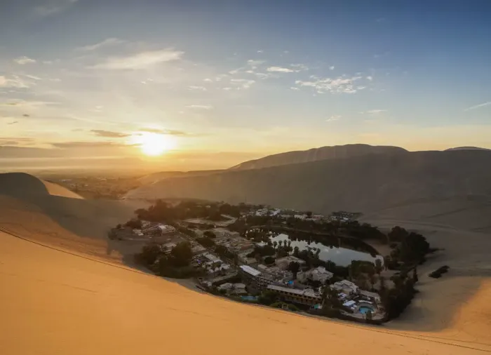 Framed Print : Huacachina Oasis at sunrise, elevated view, Ica Region, Peru Framed Print : Huacachina Oasis at sunrise, elevated view, Ica Region, Peru