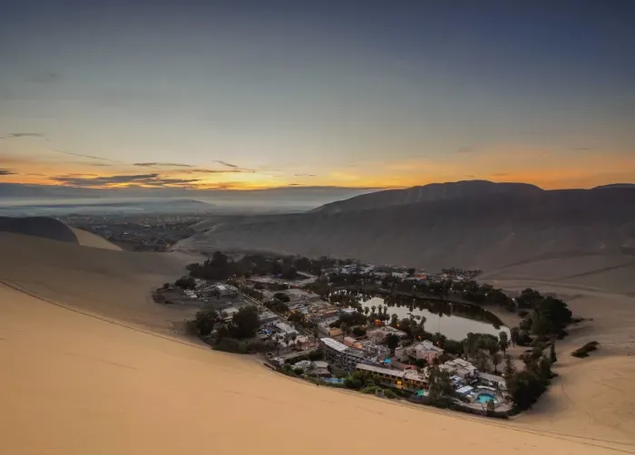 Framed Print : Huacachina Oasis at sunrise, elevated view, Ica Region, Peru Framed Print : Huacachina Oasis at sunrise, elevated view, Ica Region, Peru