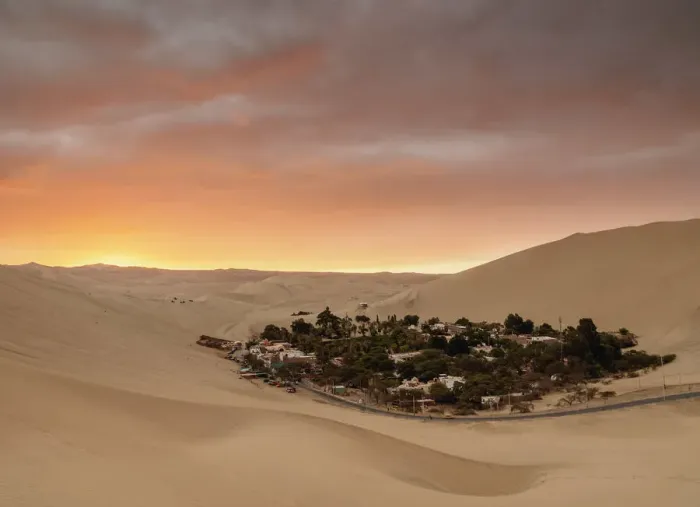Framed Print : Huacachina Oasis at sunset, elevated view, Ica Region, Peru Framed Print : Huacachina Oasis at sunset, elevated view, Ica Region, Peru