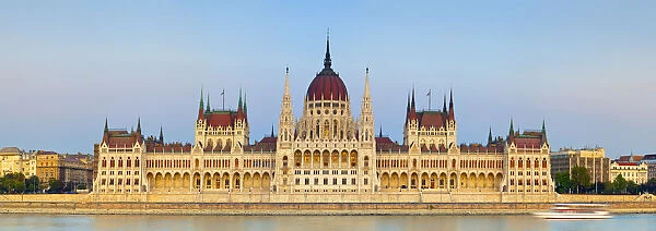 Hungarian Parliament Building & The River Danube illuminated at Dusk, Budapest, Hungary
