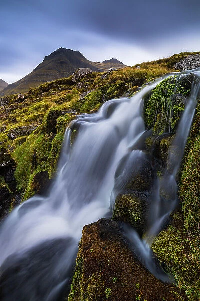 Husafjall mountain and waterfall near Gjogv, Sunda municipality, Eysturoy, Faroe Islands, Denmark