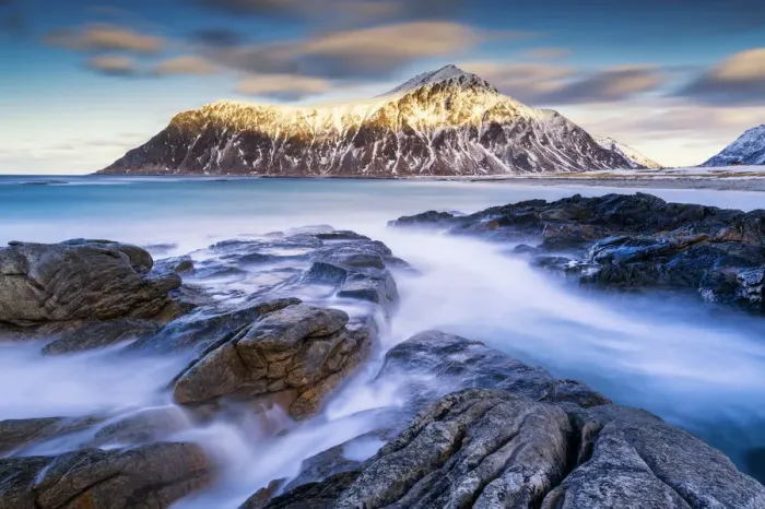 Framed Print : Hustinden from Skagsanden Beach, Lofoten Islands, Norway Framed Print : Hustinden from Skagsanden Beach, Lofoten Islands, Norway