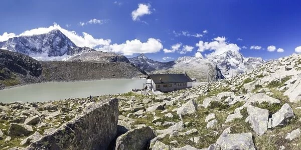 The Hut Garibaldi by the Lake Venerocolo and the north wall of Mount Adamello