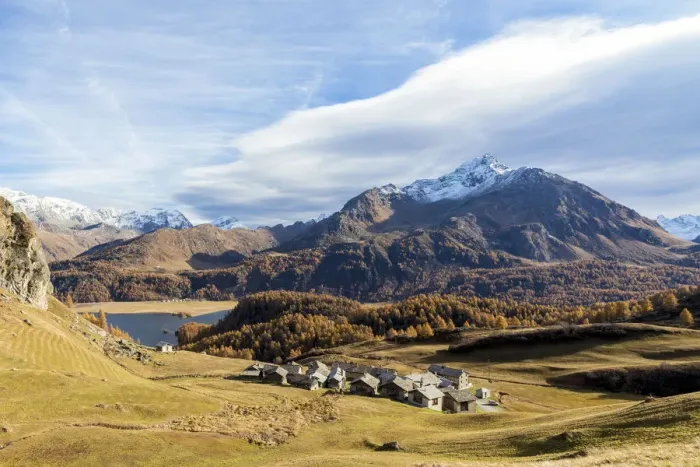 Framed Print : Huts and Lake Sils framed by the colorful woods in autumn Grevasalvas Upper Engadine Framed Print : Huts and Lake Sils framed by the colorful woods in autumn Grevasalvas Upper Engadine