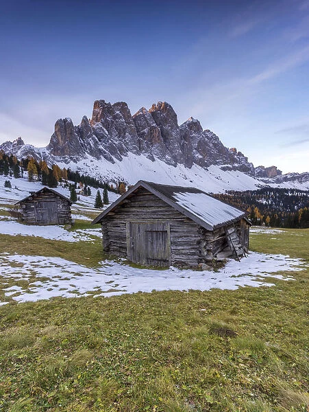 Huts with Odle on the background. Val di Funes, Trentino Alto Adige, Italy