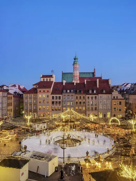 Framed Print : Ice Skating Rink at dusk, elevated view, Old Town Main Market Square, Warsaw, Masovian Voivodeship, Poland