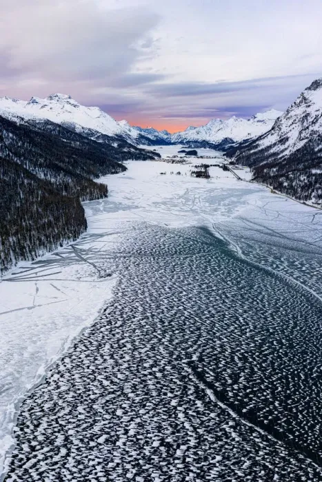 Framed Print : Ice and snow covering Lake Silvaplana during the winter sunrise, aerial view, Maloja Framed Print : Ice and snow covering Lake Silvaplana during the winter sunrise, aerial view, Maloja