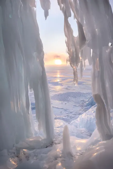 Framed Print : Ice stalactites in a cave at the shore at sunset at lake Baikal, Irkutsk region, Siberia Framed Print : Ice stalactites in a cave at the shore at sunset at lake Baikal, Irkutsk region, Siberia