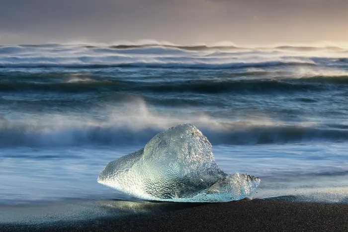 Framed Print : Iceberg on the beach at dawn, near Jokulsarlon glacial lagoon, Iceland