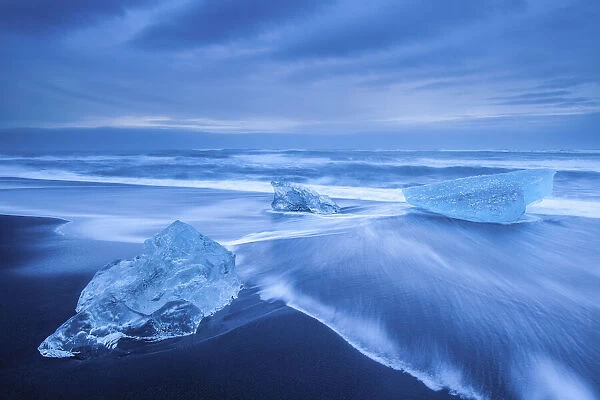 Icebergs at Diamond beach near Jokulsarlon glacier lagoon, South Iceland, Iceland