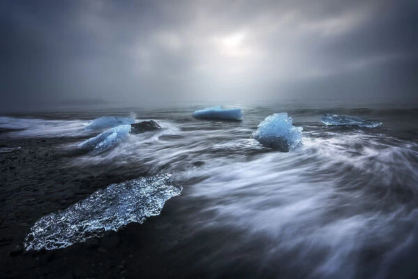 Icebergs stranded on the Breidamerkursandur beach in the Vatnajokull National Park