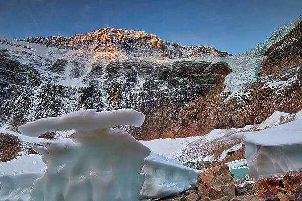 Icebergs at sunrise, Mt, Edith Cavell at Cavell Pond and Angel Glacier, Jasper National Park, Alberta, Canada