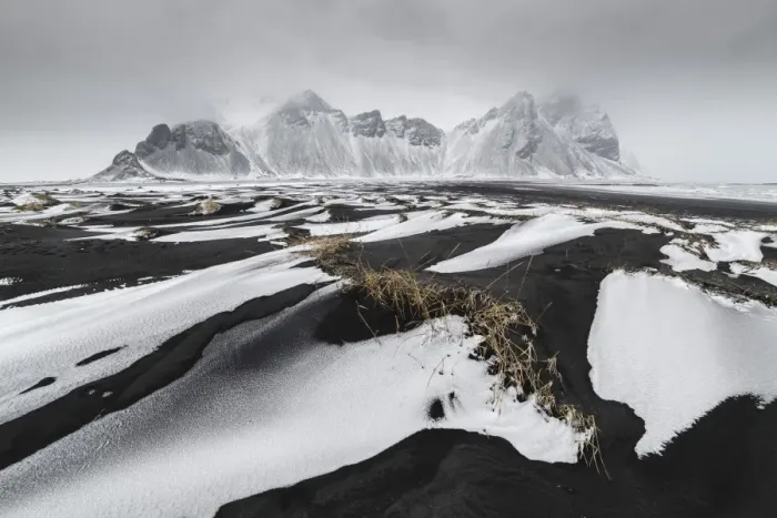 Framed Print : Iceland, East Iceland, Austurland, Black and white dunes on beach after blizzard