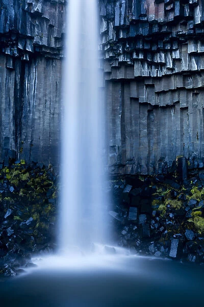 Iceland, East Iceland, Austurland, Blue hour at the Svartifoss waterfall