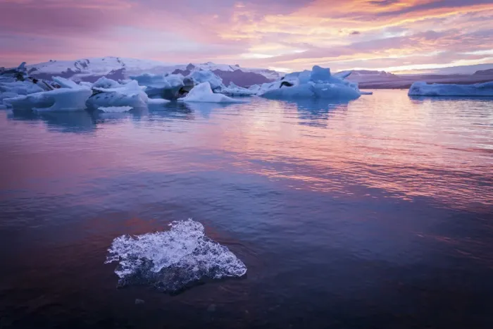 Framed Print : Iceland, Jokulsarlon Glacier Lagoon, icebergs and ice chunk at sunset